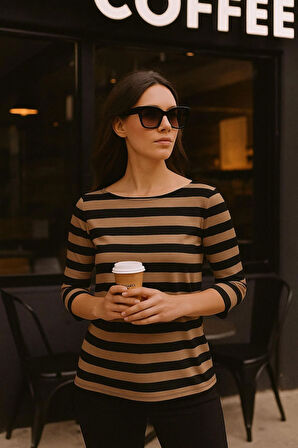 Kadın Çizgili Basic Bluz - Siyah-Kahverengi 3/4 Kol - Günlük Rahat Şık Kombin - Yeni Sezon Trend