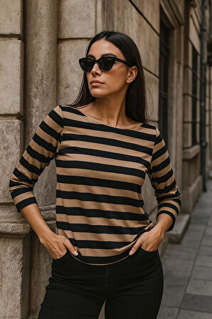 Kadın Çizgili Basic Bluz - Siyah-Kahverengi 3/4 Kol - Günlük Rahat Şık Kombin - Yeni Sezon Trend