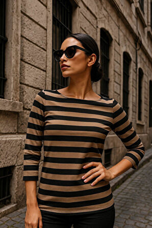 Kadın Çizgili Basic Bluz - Siyah-Kahverengi 3/4 Kol - Günlük Rahat Şık Kombin - Yeni Sezon Trend