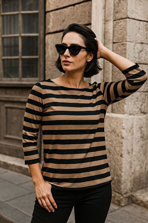 Kadın Çizgili Basic Bluz - Siyah-Kahverengi 3/4 Kol - Günlük Rahat Şık Kombin - Yeni Sezon Trend