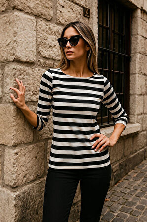 Kadın Çizgili Basic Bluz - Siyah-Beyaz 3/4 Kol - Günlük Rahat Şık Kombin - Yeni Sezon Trend