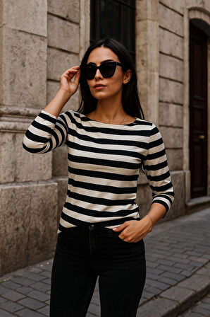 Kadın Çizgili Basic Bluz - Siyah-Beyaz 3/4 Kol - Günlük Rahat Şık Kombin - Yeni Sezon Trend