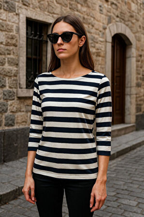 Kadın Çizgili Basic Bluz - Siyah-Beyaz 3/4 Kol - Günlük Rahat Şık Kombin - Yeni Sezon Trend