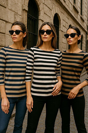 Kadın 3'lü Paket Çizgili Beyaz-Kahverengi-Bej 3/4 Kol Kayık Yaka Basic Bluz