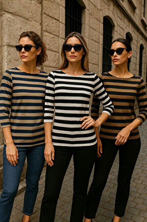 Kadın 3'lü Paket Çizgili Beyaz-Kahverengi-Bej 3/4 Kol Kayık Yaka Basic Bluz