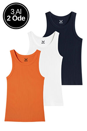 Kadın 3'lü Paket Turuncu-Beyaz-Lacivert Sıfır Kol Kaşkorse Body-Bisiklet Yaka %100 Pamuk Atlet Bluz