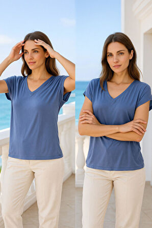 Kadın Indigo Viskon Ön Arka V Yakalı T-shirt Yarasa Kol Relaxed Bluz