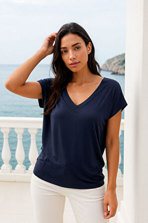 Kadın Koyu Lacivert Viskon Ön Arka V Yakalı T-shirt Yarasa Kol Relaxed Bluz