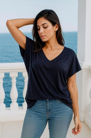 Kadın Koyu Lacivert Viskon Ön Arka V Yakalı T-shirt Yarasa Kol Relaxed Bluz