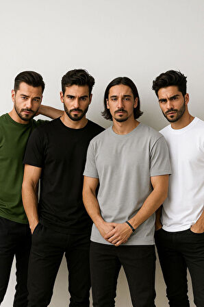Erkek 4'lü Paket Yeşil-Siyah-Beyaz-Antrasit %100 Pamuk Oversize Tişört Basic Kısa Kollu T-Shirt