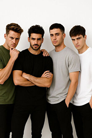 Erkek 4'lü Paket Yeşil-Siyah-Beyaz-Antrasit %100 Pamuk Oversize Tişört Basic Kısa Kollu T-Shirt