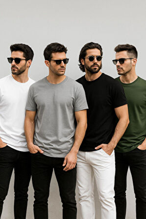 Erkek 4'lü Paket Yeşil-Siyah-Beyaz-Antrasit %100 Pamuk Oversize Tişört Basic Kısa Kollu T-Shirt