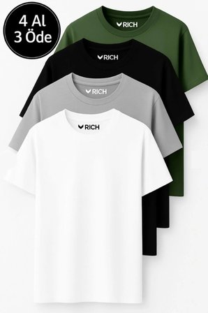 Erkek 4'lü Paket Yeşil-Siyah-Beyaz-Antrasit %100 Pamuk Oversize Tişört Basic Kısa Kollu T-Shirt