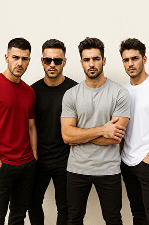 Erkek 4'lü Paket Kırmızı-Siyah-Beyaz-Antrasit %100 Pamuk Oversize Tişört Basic Kısa Kollu T-Shirt