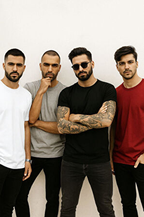 Erkek 4'lü Paket Kırmızı-Siyah-Beyaz-Antrasit %100 Pamuk Oversize Tişört Basic Kısa Kollu T-Shirt