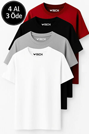 Erkek 4'lü Paket Kırmızı-Siyah-Beyaz-Antrasit %100 Pamuk Oversize Tişört Basic Kısa Kollu T-Shirt