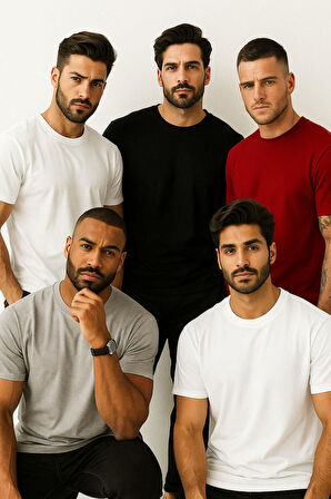 Erkek 4'lü Paket Kırmızı-Siyah-Beyaz-Antrasit %100 Pamuk Oversize Tişört Basic Kısa Kollu T-Shirt