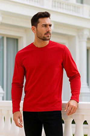 Erkek Uzun Kollu Bisiklet Yaka Tişört - %100 Pamuk Basic Relaxed T-shirt