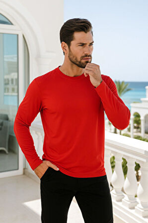 Erkek Uzun Kollu Bisiklet Yaka Tişört - %100 Pamuk Basic Relaxed T-shirt