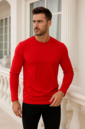 Erkek Uzun Kollu Bisiklet Yaka Tişört - %100 Pamuk Basic Relaxed T-shirt