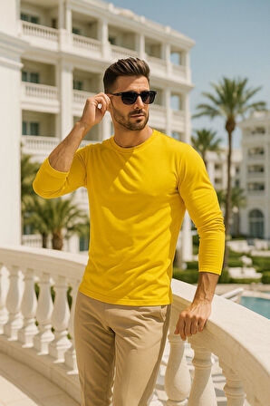 Erkek Uzun Kollu Bisiklet Yaka Tişört - %100 Pamuk Basic Relaxed T-shirt