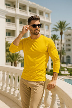 Erkek Uzun Kollu Bisiklet Yaka Tişört - %100 Pamuk Basic Relaxed T-shirt