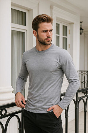 Erkek Uzun Kollu Bisiklet Yaka Tişört - %100 Pamuk Basic Relaxed T-shirt