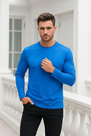 Erkek Uzun Kollu Bisiklet Yaka Tişört - %100 Pamuk Basic Relaxed T-shirt