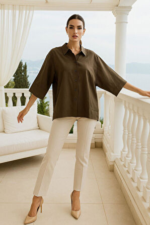 Kadın Kahverengi Oversize Gömlek - Trend Bol Kesim Yumuşak Dokulu Salaş Gömlek