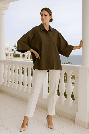 Kadın Kahverengi Oversize Gömlek - Trend Bol Kesim Yumuşak Dokulu Salaş Gömlek