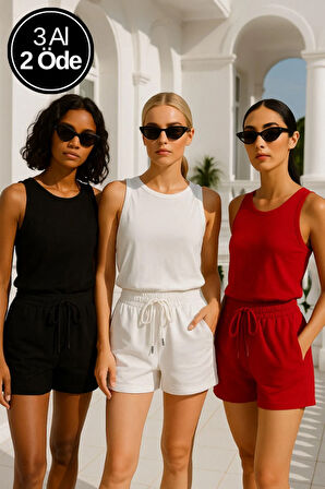 Kadın 3'lü Paket Siyah-Beyaz-Kırmızı Rahat Kesim Yumuşak Kumaş Beli Lastikli Yazlık Cepli Mini Şort