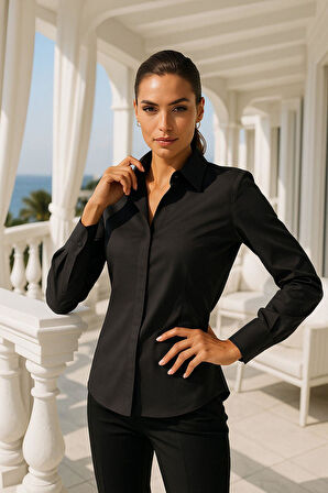 Kadın Siyah Viskon Gizli Düğme Detaylı Slim Fit Trend Gömlek