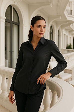 Kadın Siyah Viskon Gizli Düğme Detaylı Slim Fit Trend Gömlek