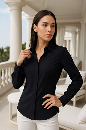 Kadın Siyah Viskon Gizli Düğme Detaylı Slim Fit Trend Gömlek