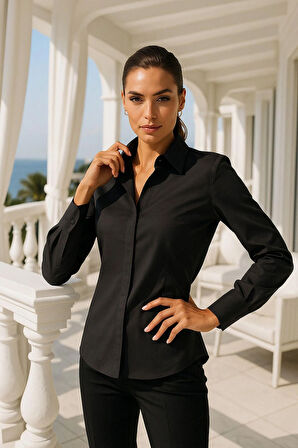 Kadın Siyah Viskon Gizli Düğme Detaylı Slim Fit Trend Gömlek