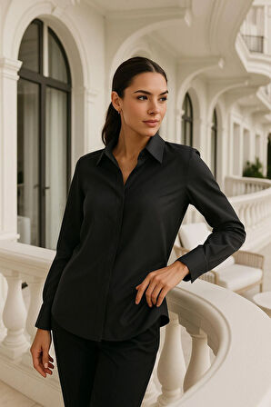 Kadın Siyah Viskon Gizli Düğme Detaylı Slim Fit Trend Gömlek