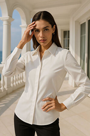 Kadın Ekru Gizli Düğme Detaylı Slim Fit Trend Krep Gömlek