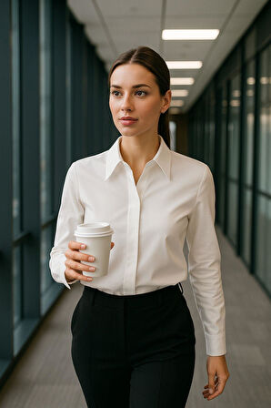 Kadın Ekru Gizli Düğme Detaylı Slim Fit Trend Krep Gömlek