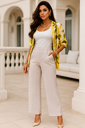 Kadın Çizgili  Yüksek Bel Lastikli Yandan Cepli Dokuma Pantalon 