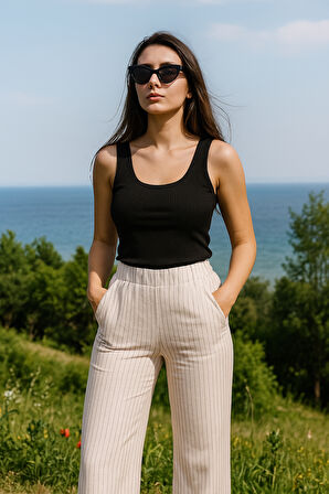 Kadın Çizgili  Yüksek Bel Lastikli Yandan Cepli Dokuma Pantalon 