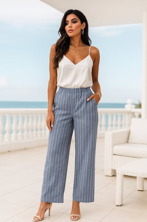 Kadın Çizgili  Yüksek Bel Lastikli Yandan Cepli Dokuma Pantalon 