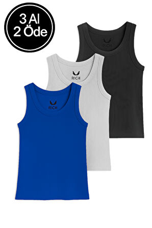 Kadın 3'lü Paket Antrasit-Gri-Saks Mavi Sıfır Kol Kaşkorse Body-Bisiklet Yaka %100 Pamuk Atlet Bluz