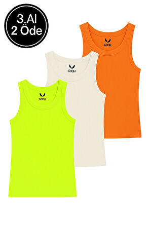 Kadın 3'lü Paket Fıstık Yeşili-Bej-Turuncu Sıfır Kol Kaşkorse Body-Bisiklet Yaka %100 Pamuk Atlet Bluz