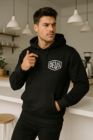 Erkek Siyah Baskılı Kapüşonlu Sweatshirt
