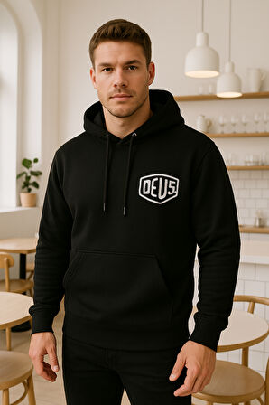 Erkek Siyah Baskılı Kapüşonlu Sweatshirt
