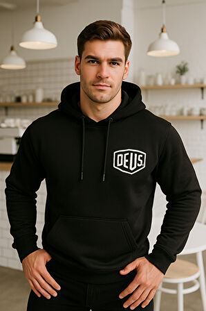 Erkek Siyah Baskılı Kapüşonlu Sweatshirt