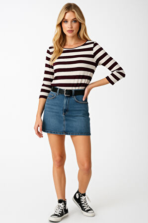 Kadın Çizgili Basic Bluz - Bordo Beyaz - Günlük Rahat Şık Kombin - Yeni Sezon Trend