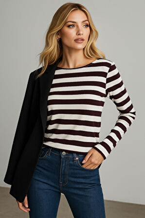 Kadın Çizgili Basic Bluz - Bordo Beyaz - Günlük Rahat Şık Kombin - Yeni Sezon Trend