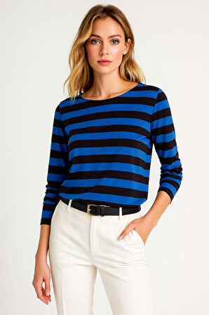 Kadın Çizgili Basic Bluz - Mavi Siyah - Günlük Rahat Şık Kombin - Yeni Sezon Trend