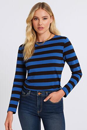 Kadın Çizgili Basic Bluz - Mavi Siyah - Günlük Rahat Şık Kombin - Yeni Sezon Trend